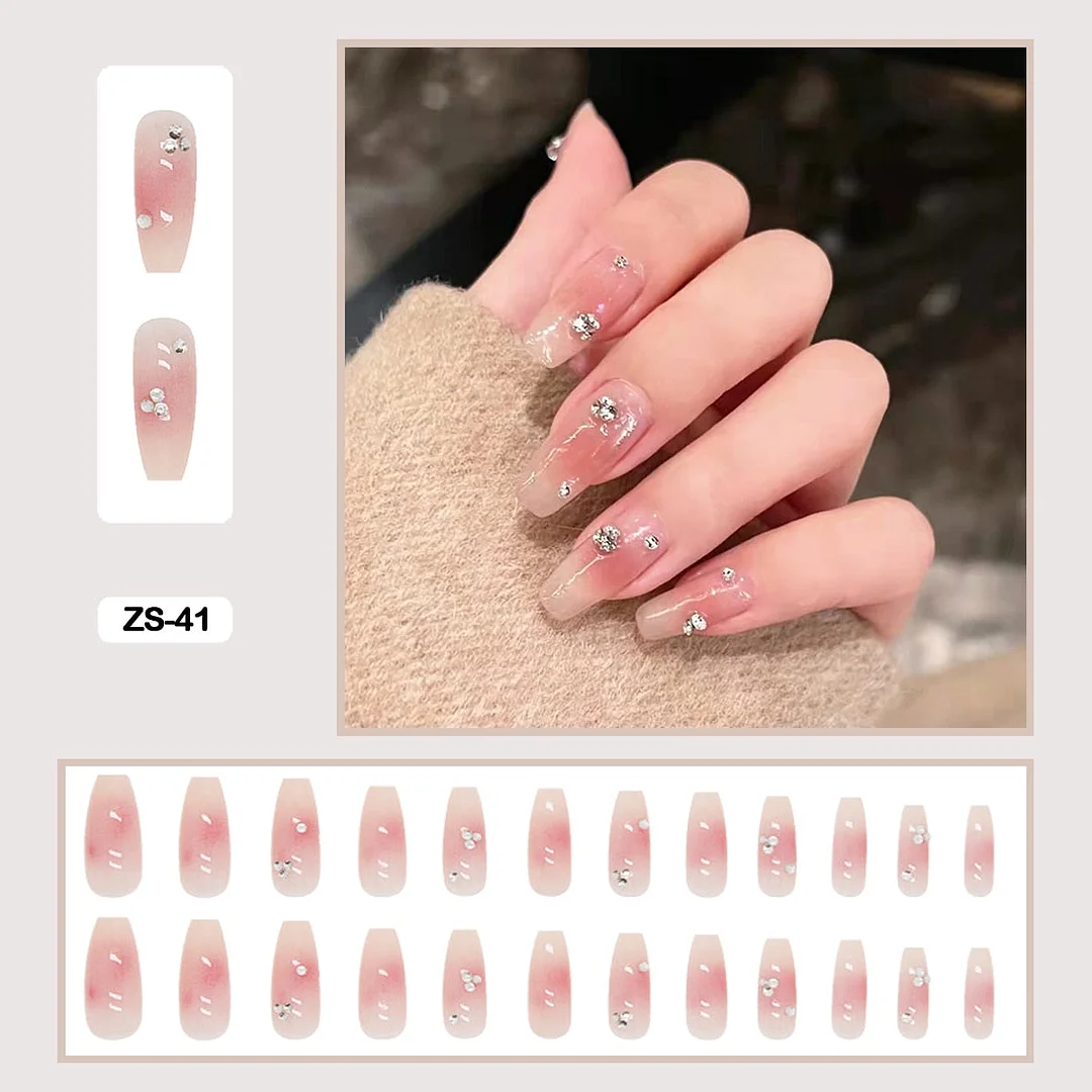 24pcs Artificial Diamond Gradient Fake Nails With Glue Lovely Pink Flesh-colored Nail Art Fake Nails Long With Wearing Tools-Nail Inspo