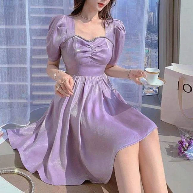 Elegant Purple Puffed Sleeves Dress SP16505