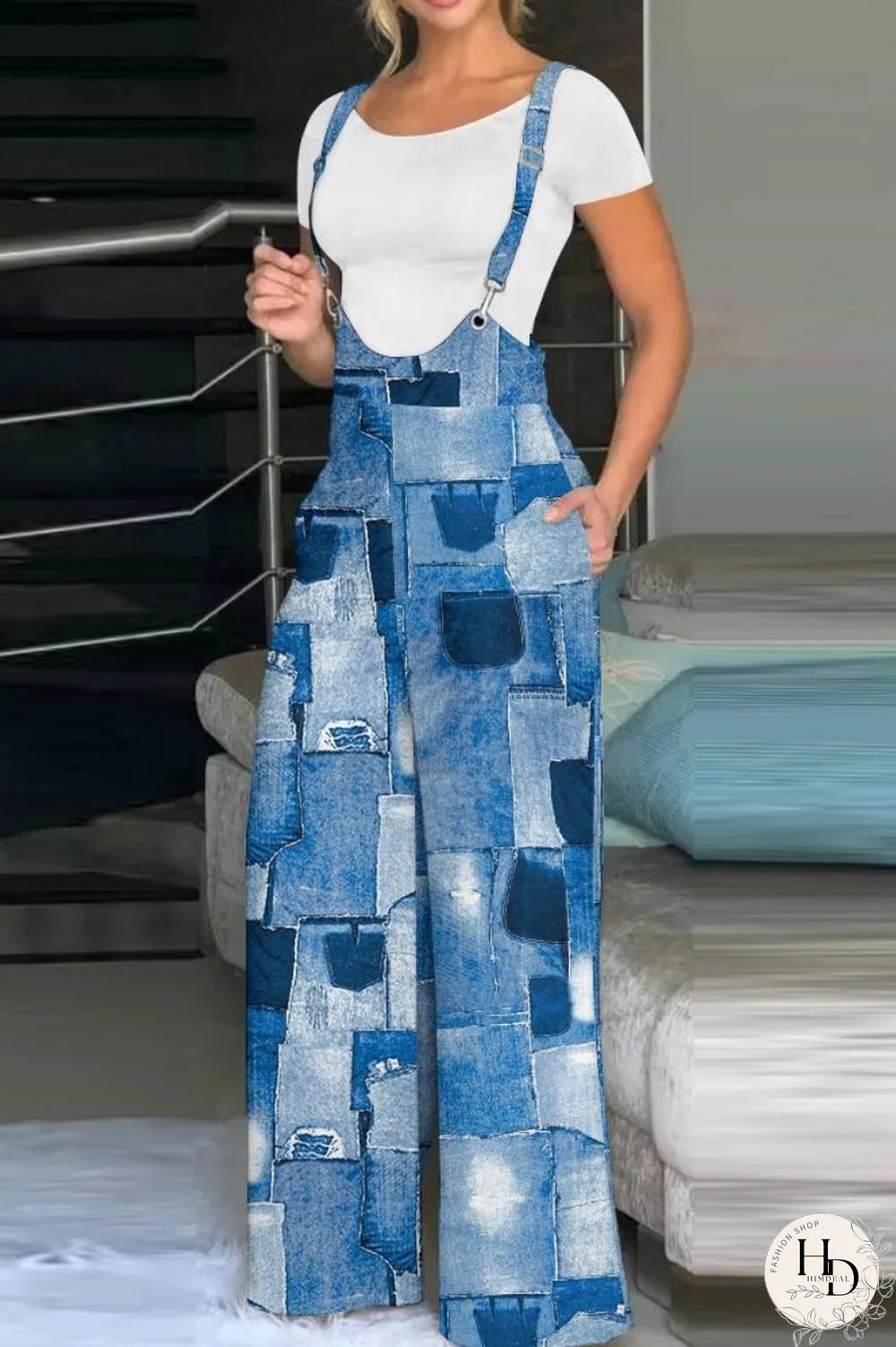 Blue Casual Print Patchwork Spaghetti Strap Regular Jumpsuits (Without Shirt)