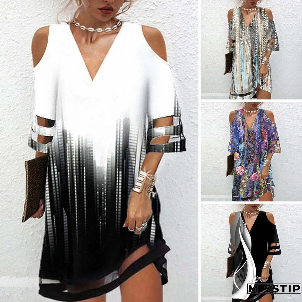 Summer Lace Cuff Hollow Out Short Sleeve Ladies Dress Floral Print Deep V Neck Mini Dress