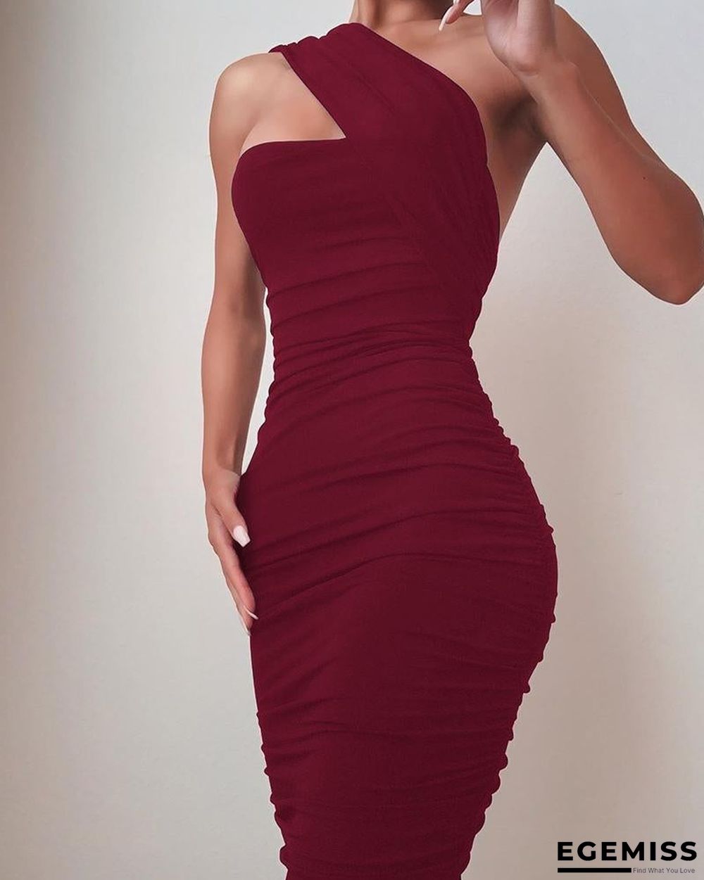 One Shoulder Sleeveless Ruched Bodycon Dress Black Dresses | EGEMISS