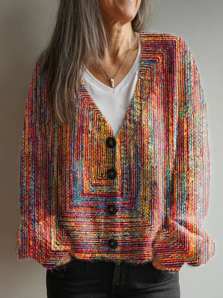 Vintage Abstract Geometry Art Print Buttoned V-neck Cardigan Sweater