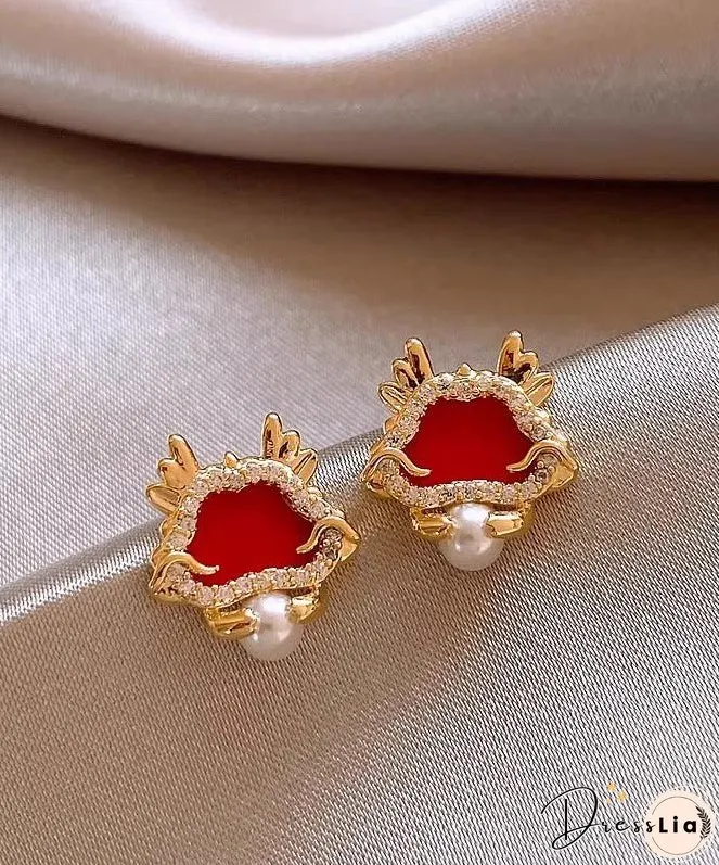 Retro Red Sterling Silver Overgild Zircon Pearl Stud Earrings