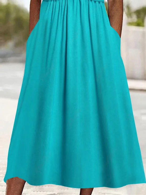 Women Half Sleeve V-neck Solid Color Dress