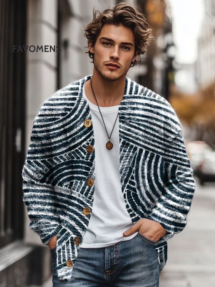Blue Irregular Line Art Print Buttoned Cardigan Sweater Multicolor / S