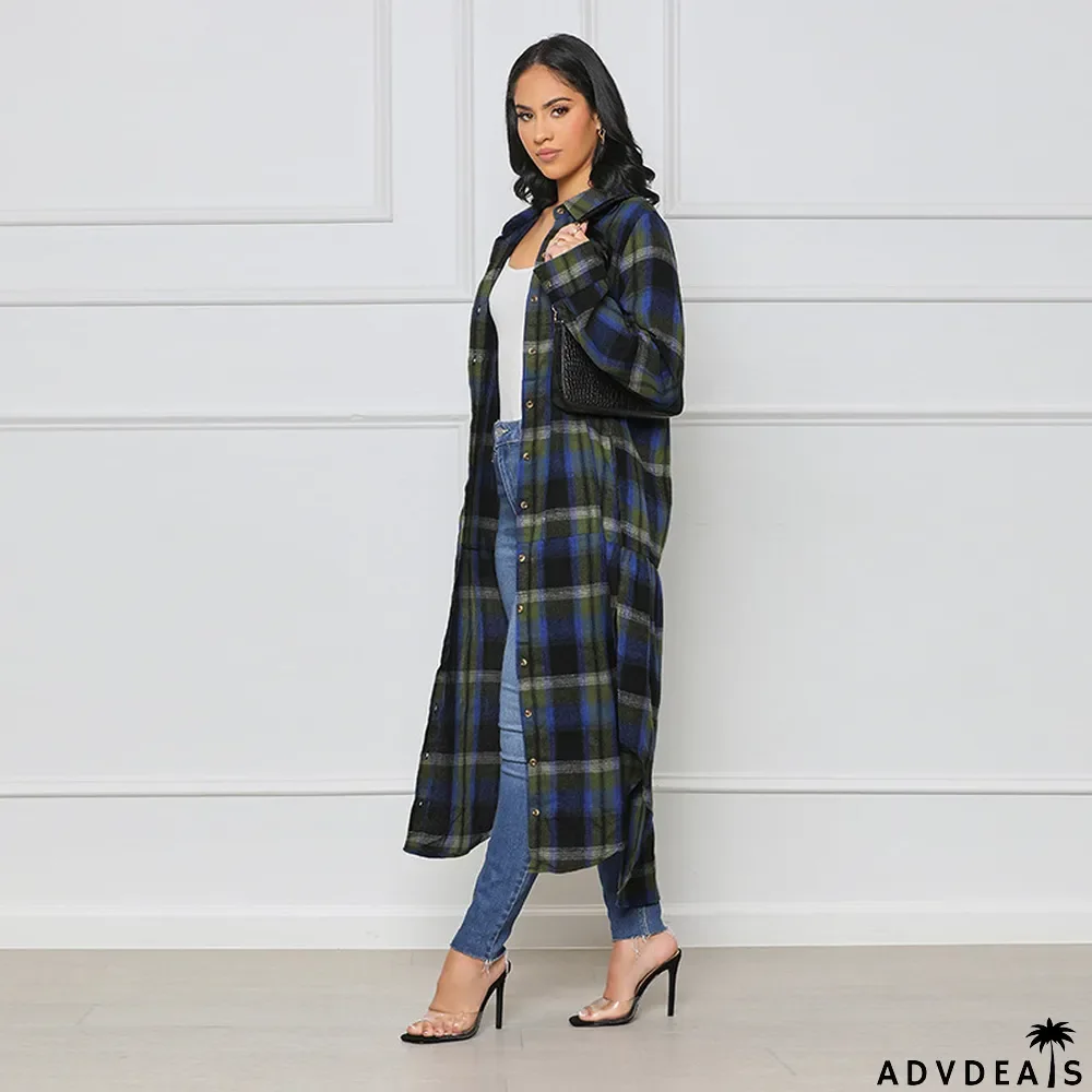 Women's Fashion Plaid Button Pockets Long Sleeve Slim Waist Coats