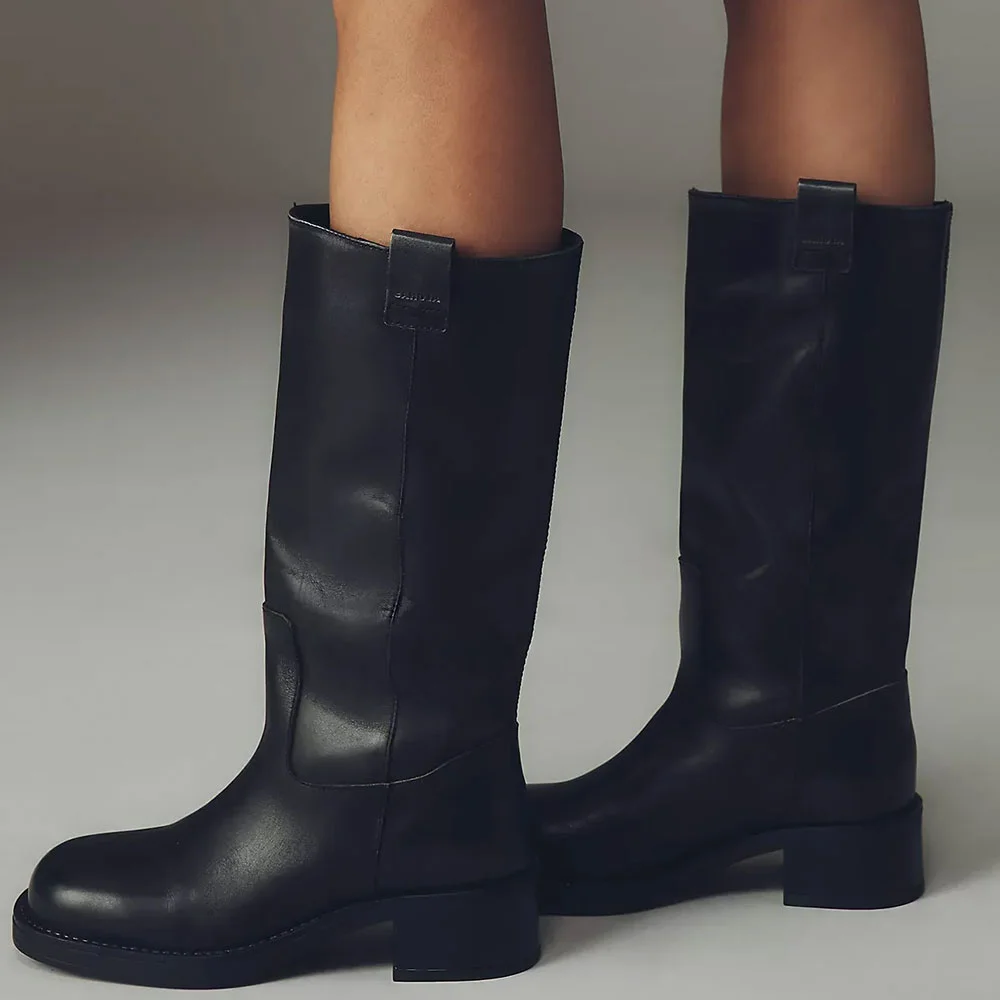 Black Round Toe Chunky Heel Pull On Mid Calf Boots for Women