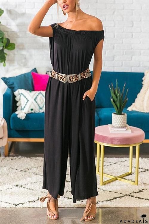 Pockets Off Shoulder Loose Jumpsuit