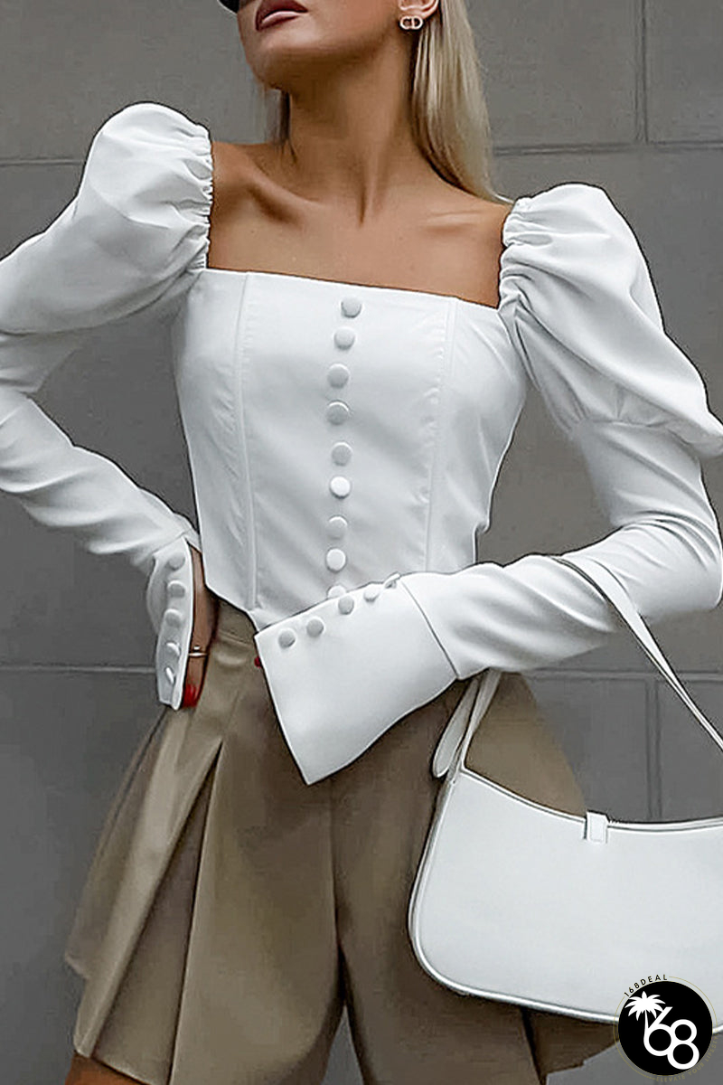 Elegant Solid Color Buttons Square Neck Tops | 168DEAL