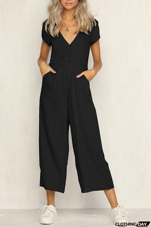 Button Pocket V Neck Jumpsuit