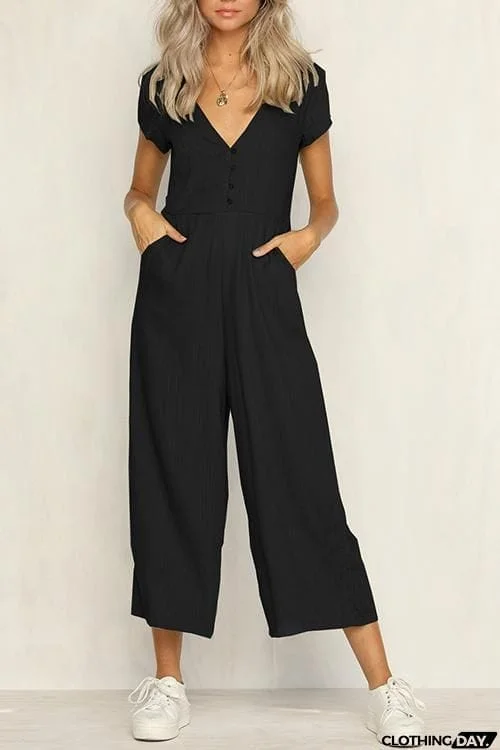 Button Pocket V Neck Jumpsuit