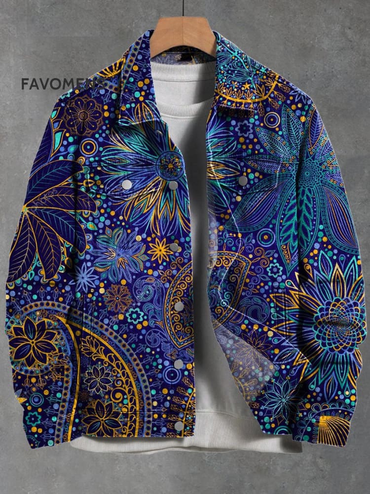Tropical Plants Leaves Paisley Blue Art Print Casual Denim Jacket Multicolor / S