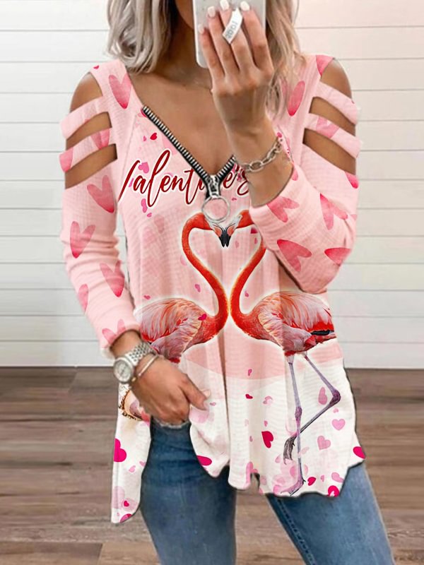 Comstylish Happy Valentine's Day Flamingo Print Cutout Shoulder Zip T Shirt