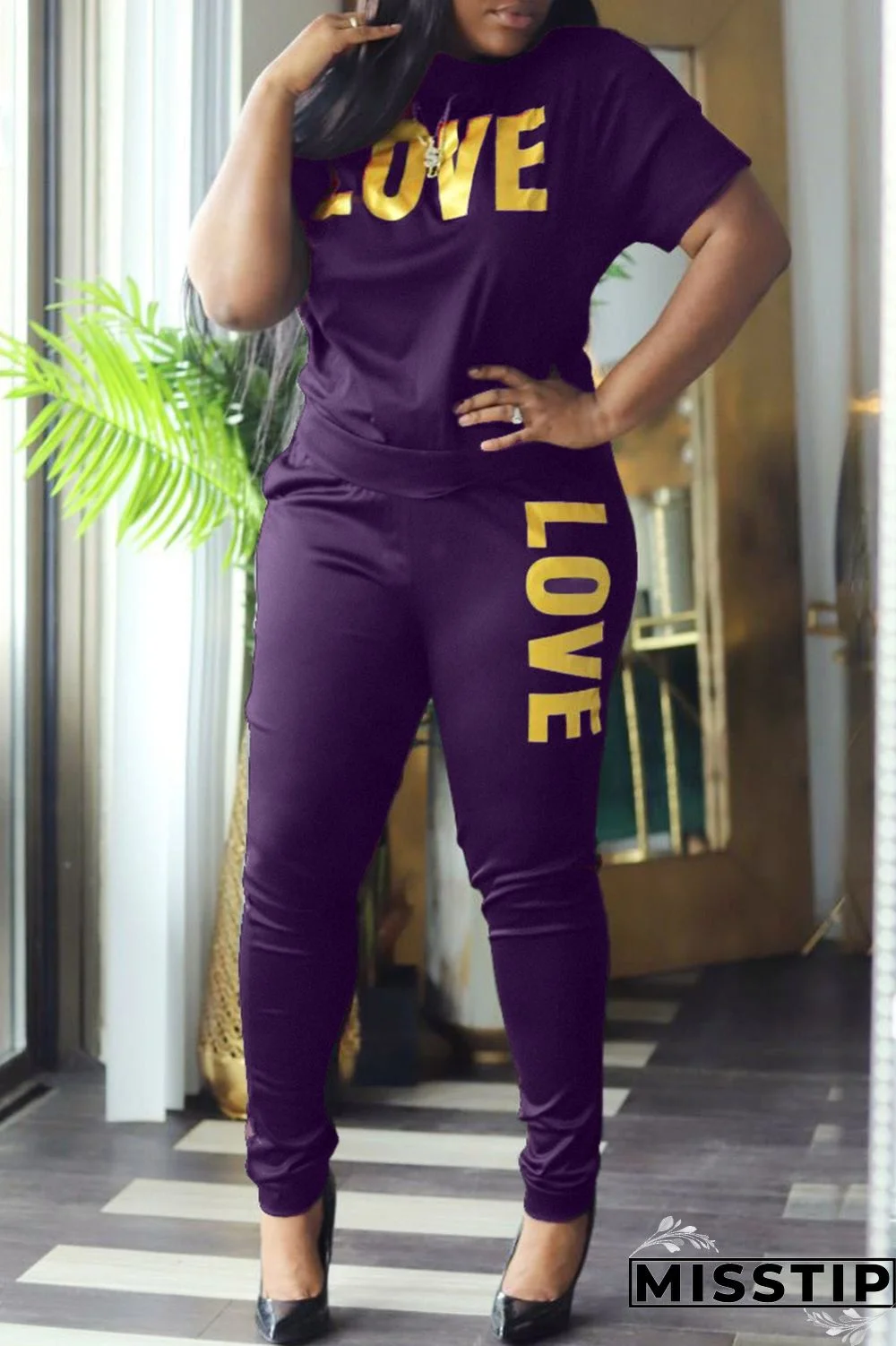 Black Fashion Casual Letter Print Basic O Neck Short Sleeve Two Pieces