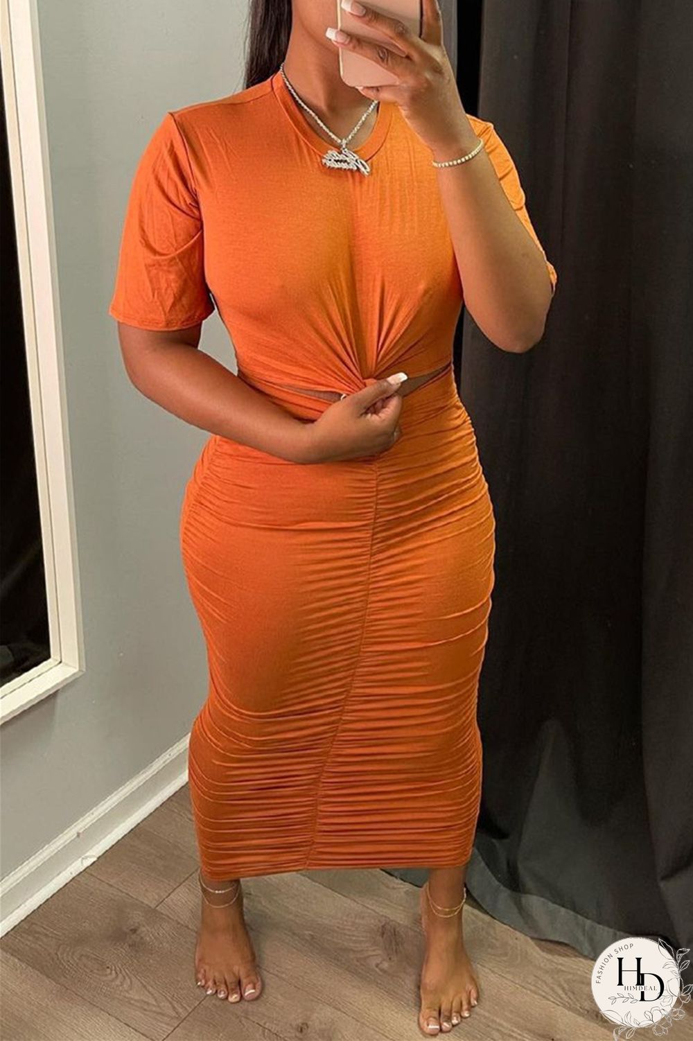 Orange Sexy Casual Solid Hollowed Out Fold O Neck Short Sleeve Dress