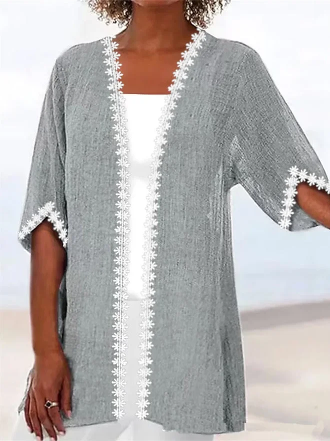Women Half Sleeve Scoop Neck Solid Lace Cardigan Tops