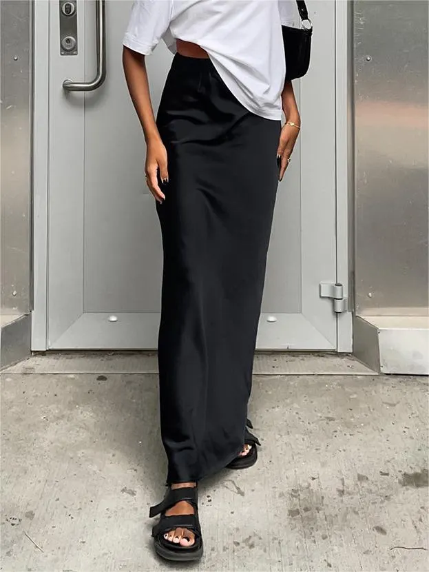 Brownm Solid Color Satin Maxi Skirt