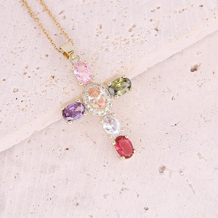 Copper Micro-Set Zircon Multicolor Cross Pendant Necklace KERENTILA