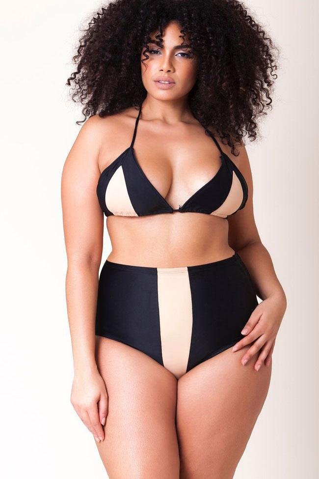 Plus Size Contrast High Waisted Slide Triangle Bikini Swimsuit - Two Piece Set-elleschic