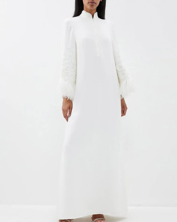 Feather-Trim Satin Maxi Dress 