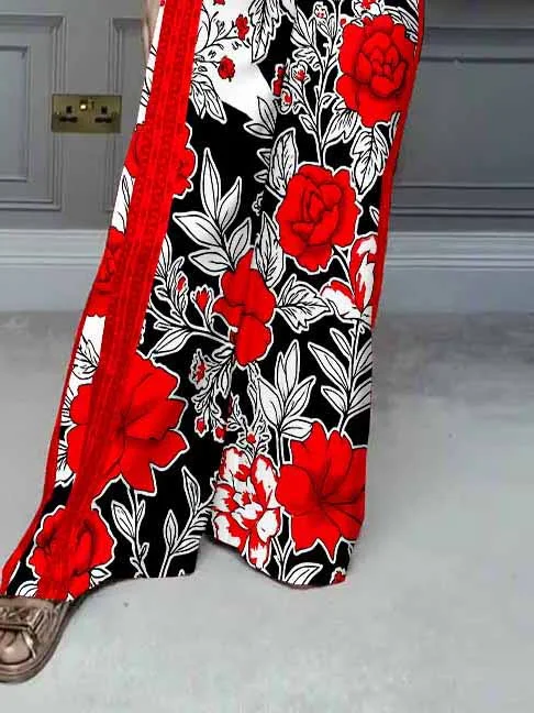 Women Floral,Red,Black DZDL1182 V-neck Short Sleeve Blouse and Pants Set