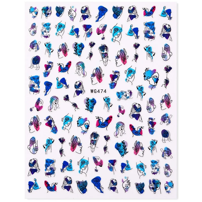 1PC Sexy Lady Shaped 3D Nail Stickers Character Face Image Leaves Flower Decals Slider Black White DIY Nail Art Decorarion-Nail Inspo