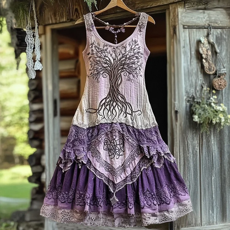 Vintage Life Of Tree Tribal Lace Patchwork Art Comfy Tank Dress
