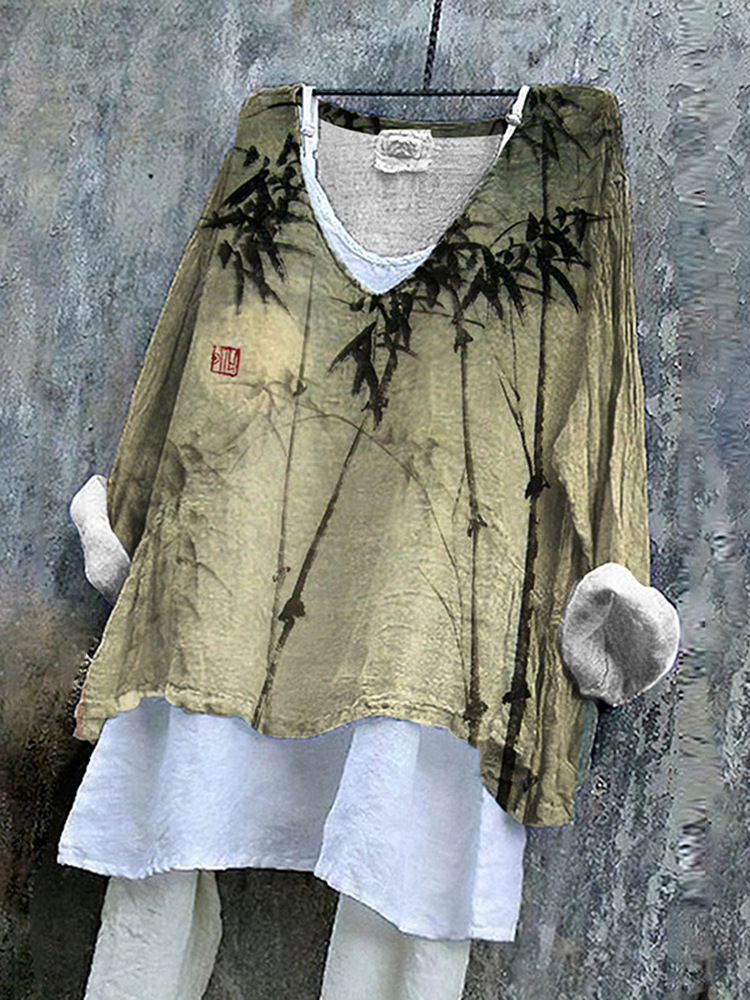Comstylish Vintage Bamboo Leaf V Neck Linen Blend Shirt