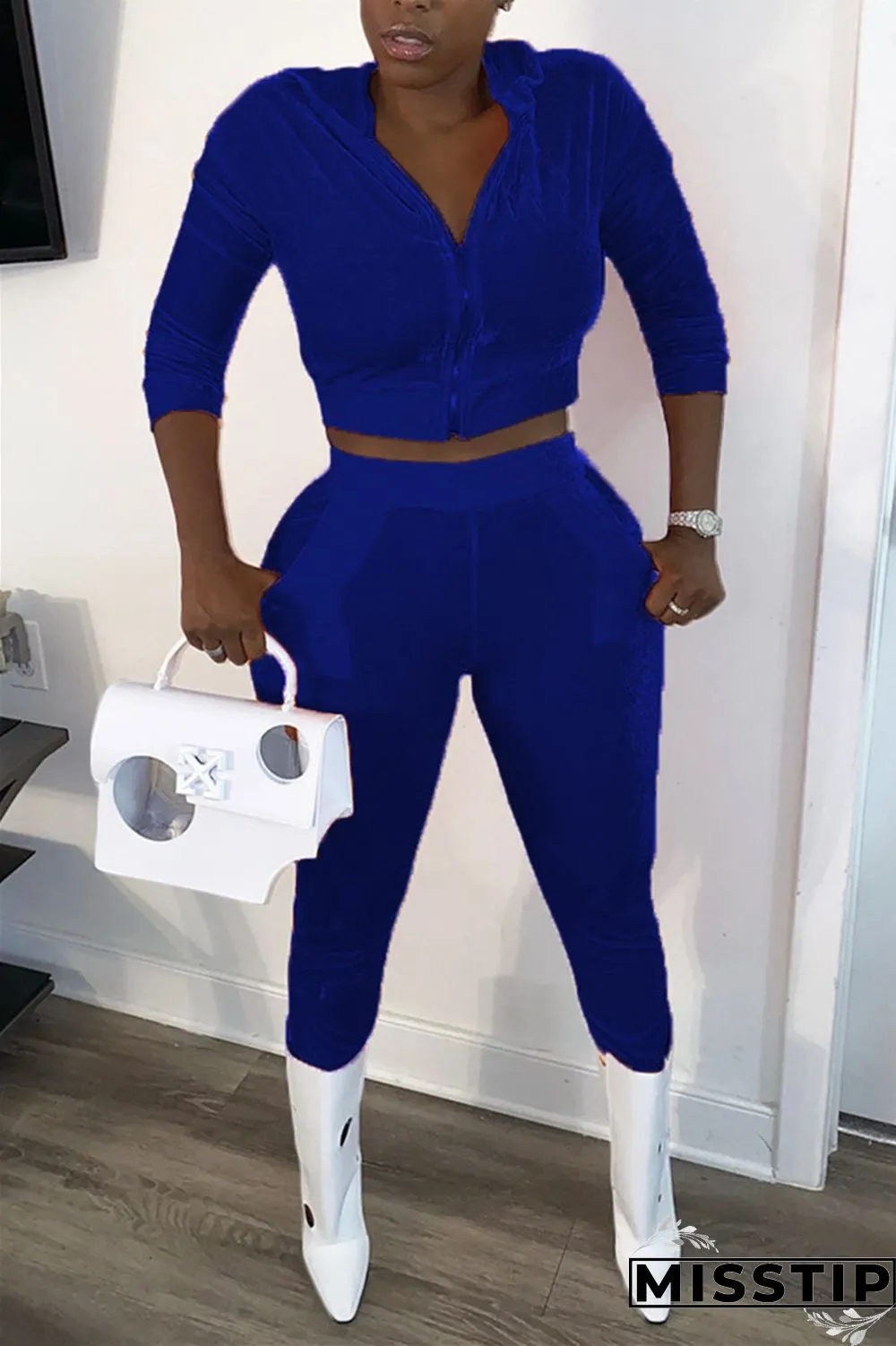 Blue Street Solid Hooded Collar Long Sleeve Regular Sleeve Short Two Pieces