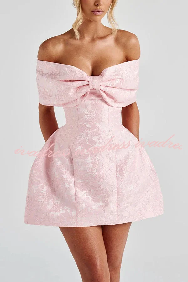 Raquel Floral Jacquard Oversized Off The Shoulder Bow Detail Mini Dress