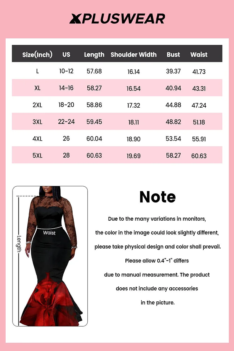 Xpluswear Design Plus Size Formal Black Floral Round Neck Mermaid See Through Satin Maxi Dresses