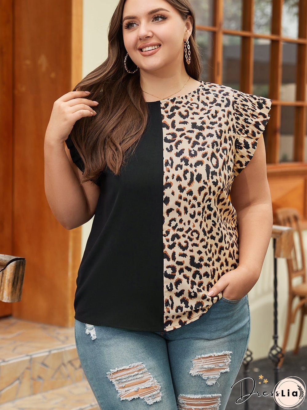 Elegant Black Leopard Ruffle Sleeve Plus Size Top