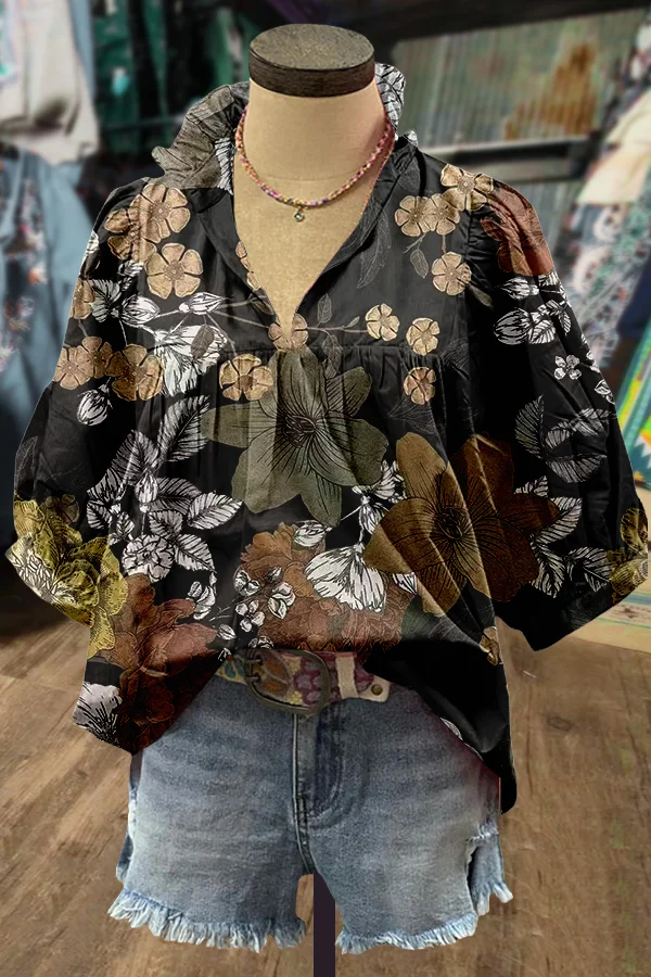 Retro Floral Print Puff Sleeve Top
