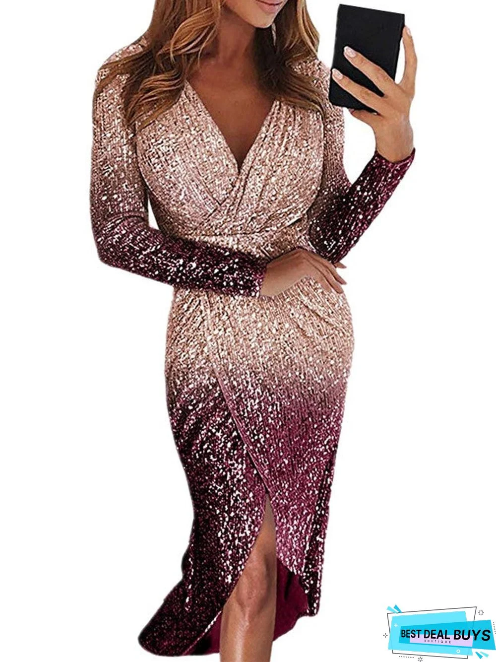 Long Skirt Evening Dress Long Sleeve Gradient Color Sequin Dinner Dress