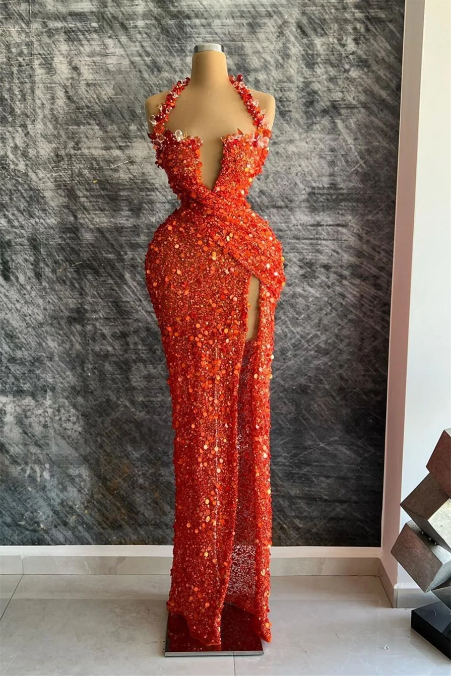 Miabel Red Halter Deep V-Neck Sequins Evening Dress Mermaid With Rhinestone Slit