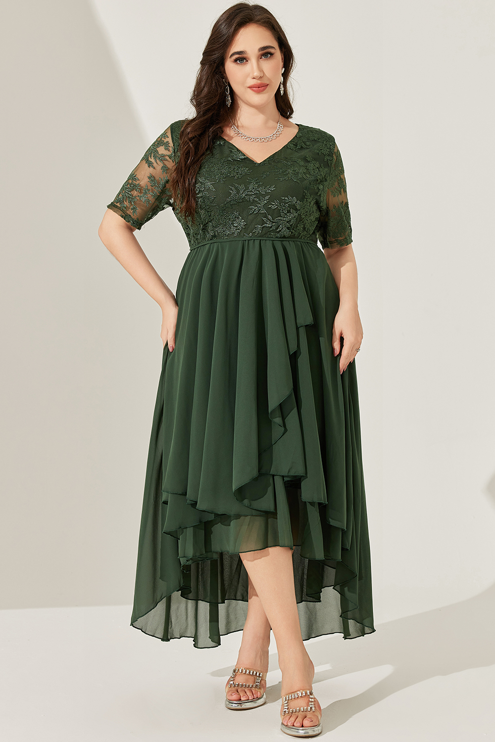 Flycurvy Plus Size Mother Of The Bride Gray Green Lace Irregular Hem Overlay Tea-length Dress 2024 - Flycurvy 