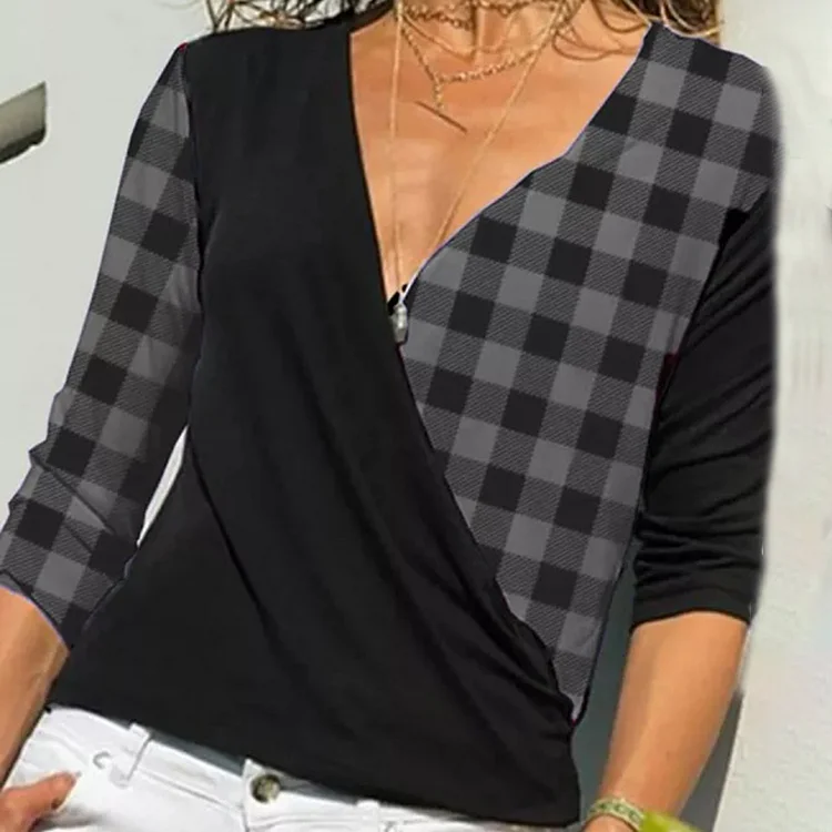 Wearshes Casual Patchwork Plaid Print T-Shirt