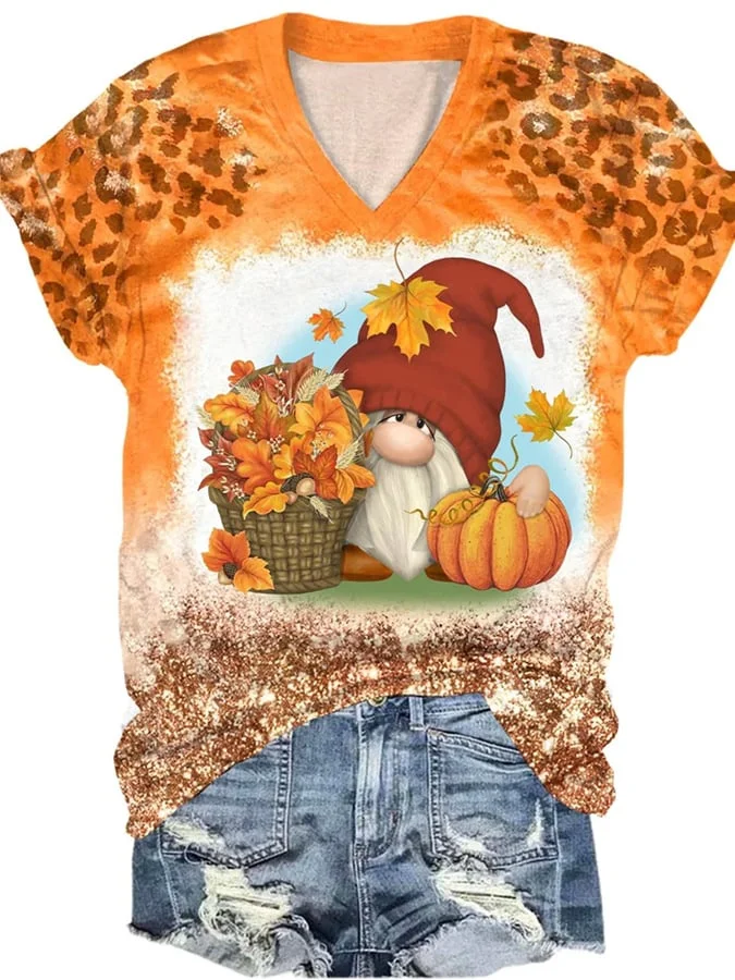 Women'S Autumn Cute Gnome Pumpkin Print T-Shirt