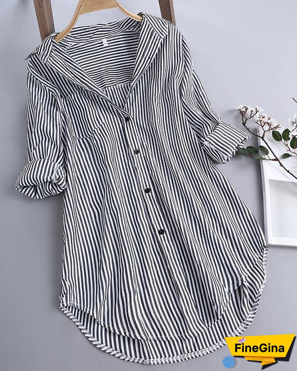 Chic Stripe Long Sleeve Turn-down Collar Loose Shirts