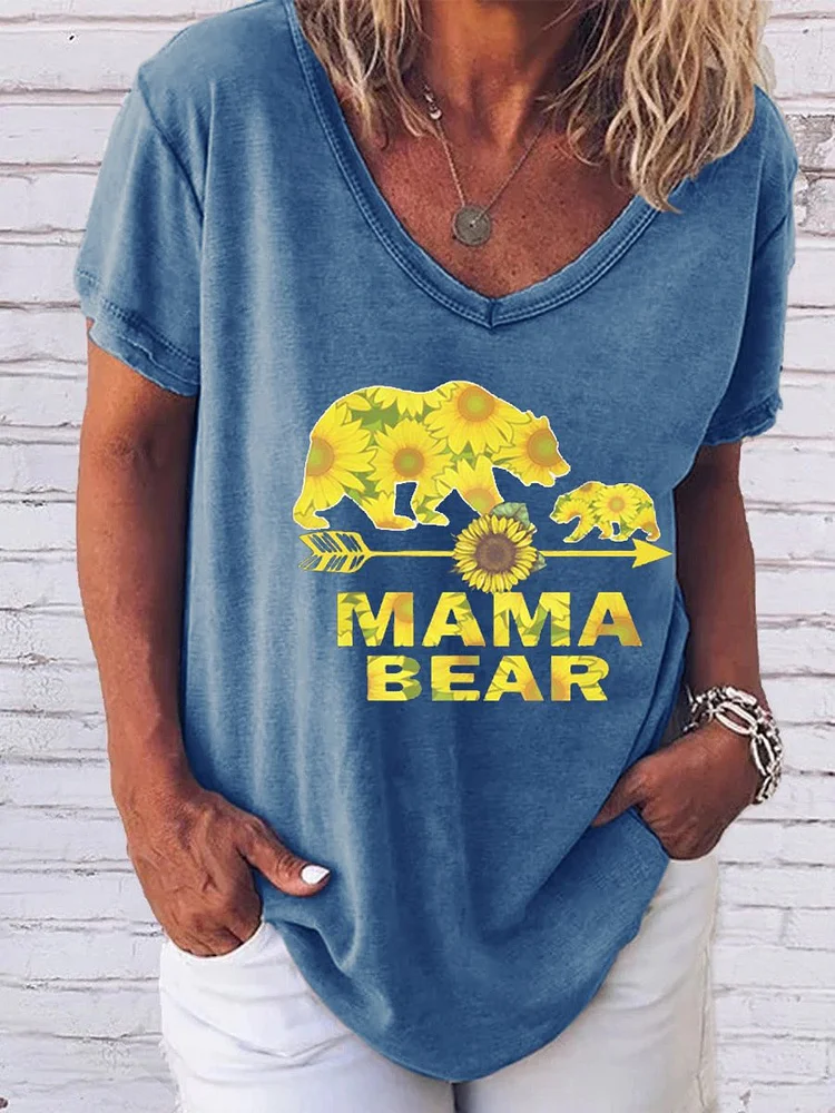 Bestdealfriday Mama Bear Sunflower Funny Family Graphic V Neck Tee
