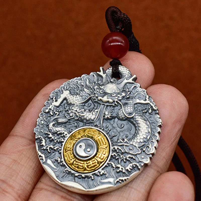 Dragon Yin Yang 999 Sterling Silver Rotatable Luck Necklace Pendant