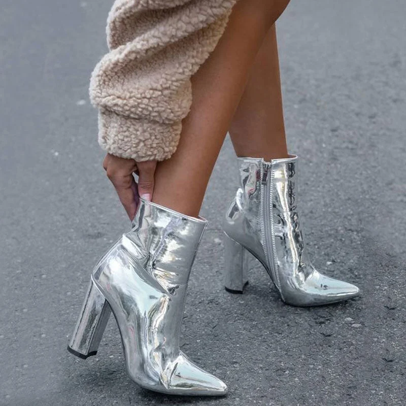 Metallic Pointed Toe Chunky Heel Zip Side Ankle Boots - Silver