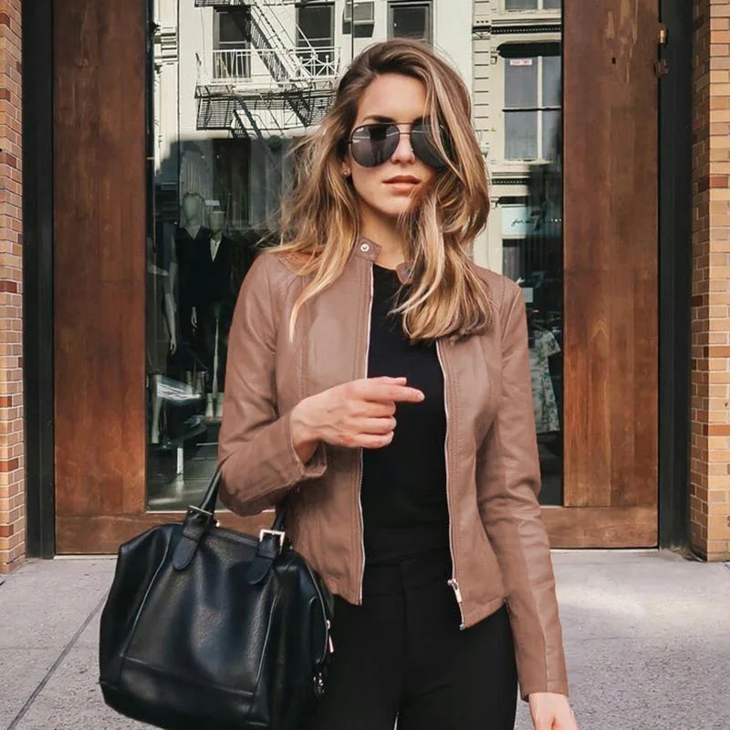 Jacket Woman Biker Casual PU Leather Outwear Coat Female Jacket Autumn Leather Jacket Women Slim Soft Moto Jacket Oversize 5XL