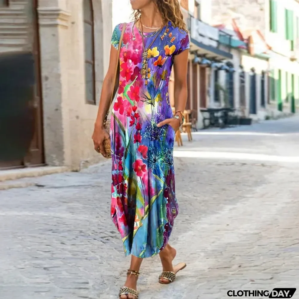 Fashion Floral Print Casual Short Sleeve Bohemian Retro Slim Maxi Dress