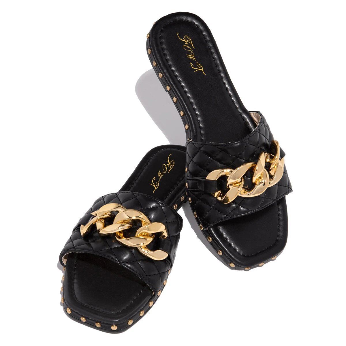 TAAFO Gold Metal Chain Flat Slippers For Women Square Toe Textured Vamp Comfort Indoor Slide Shoes For Casual Leisure Size 4-15