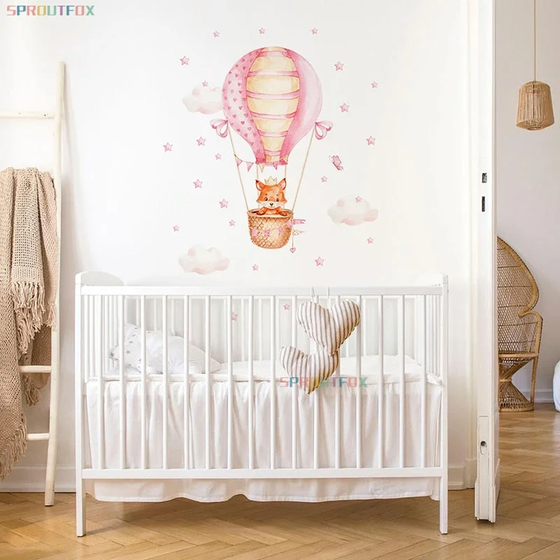 Watercolour Pink Hot Air Balloon Wall Stickers Pink Fox Animals Wall Decals for Baby Nursery Room Girls Bedroom Kids Stickers