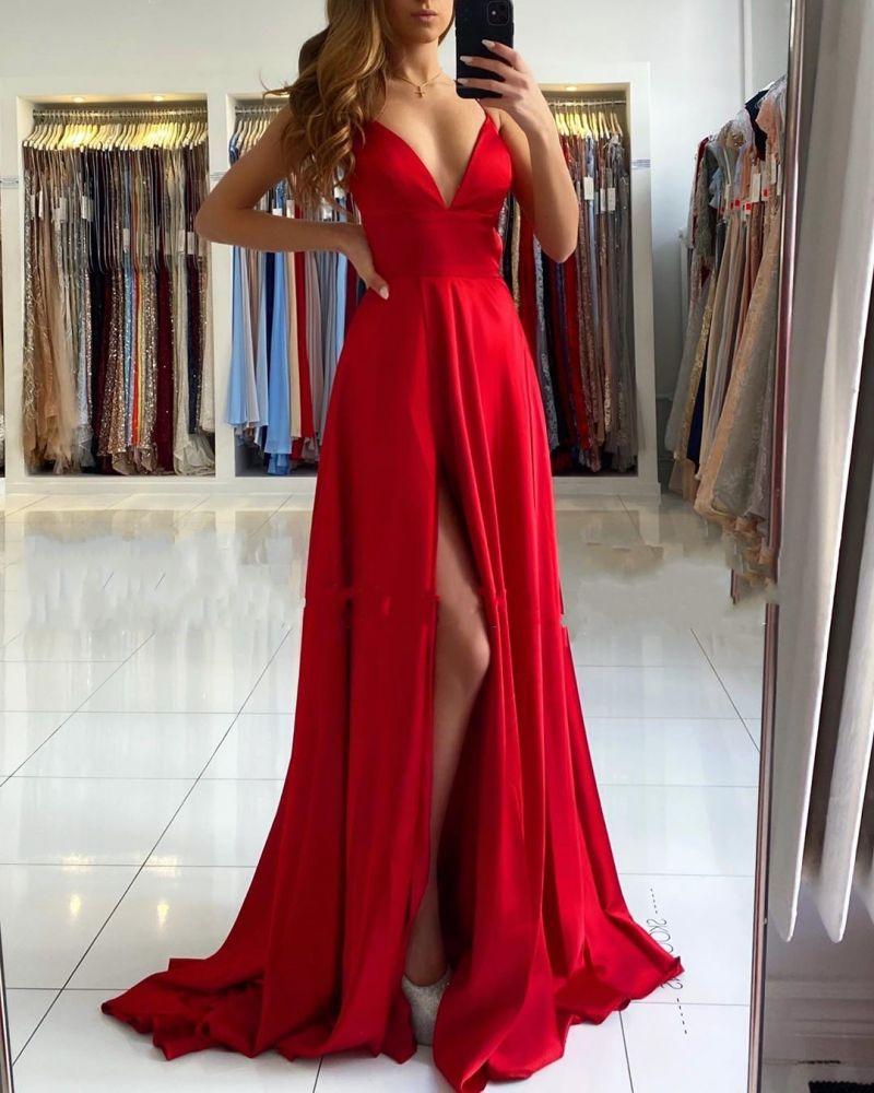 Luluslly Gorgeous Red V-Neck Prom Dress Long With Split V-Neck