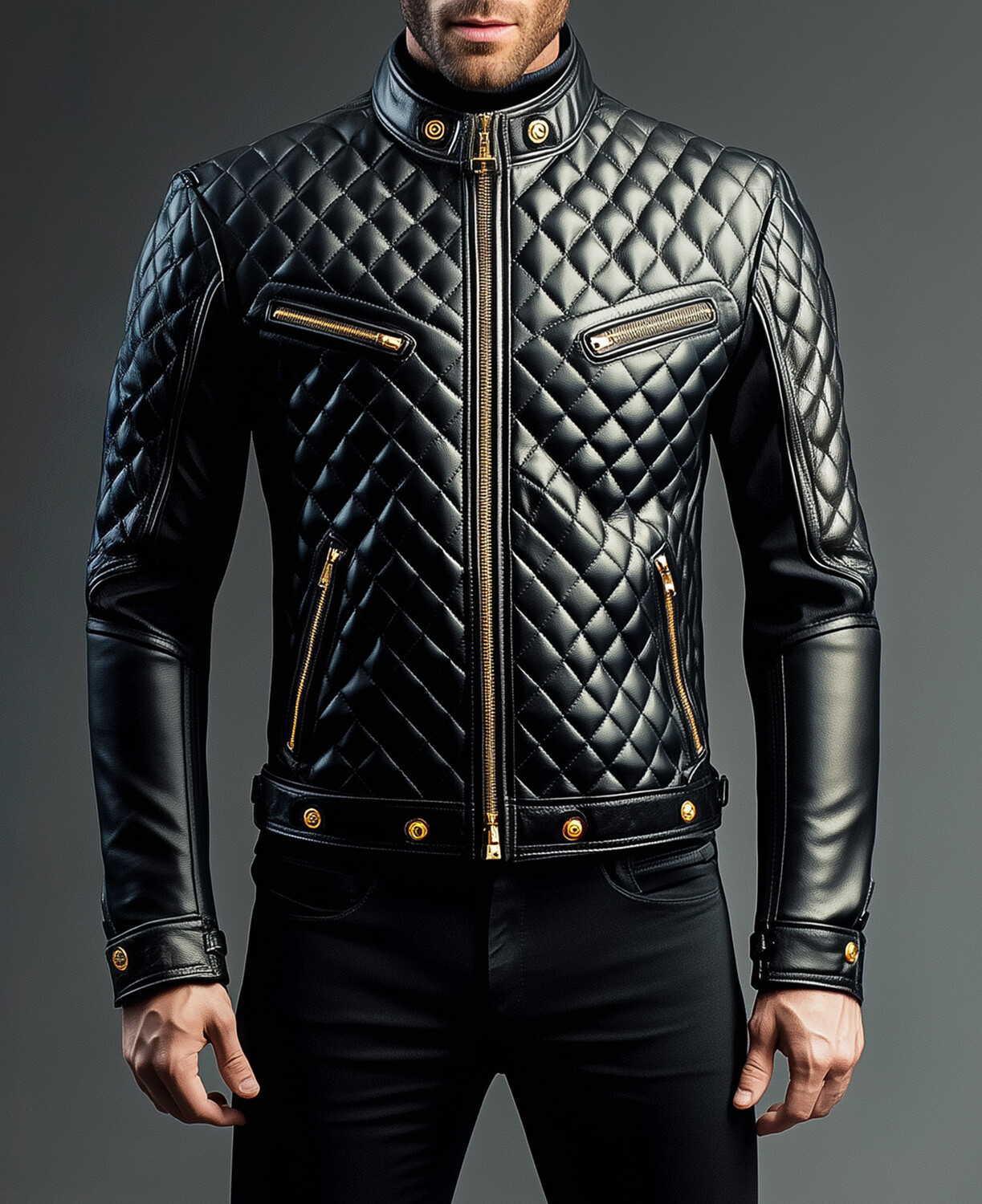 Okaywear PU Leather Quilted Stand Collar Zipper Jacket