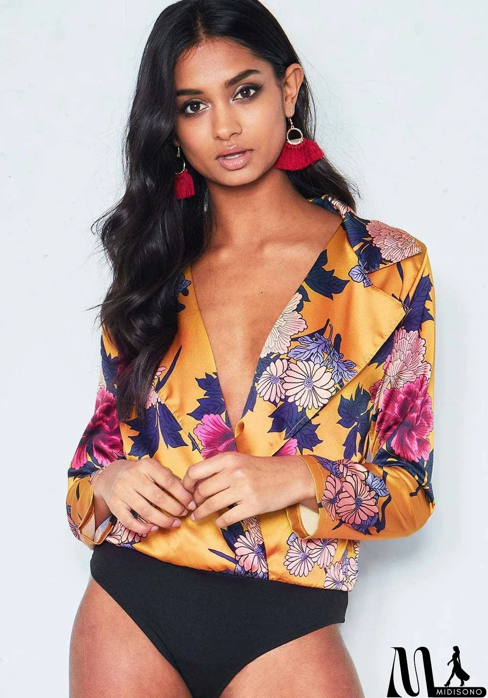 MidiSono - As Show Streetwear V-Neck Full Floral Regular Blouses & Shirts