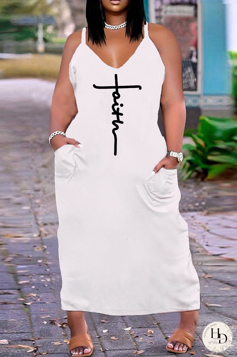 White Fashion Sexy Plus Size Print Backless Spaghetti Strap Long Dress